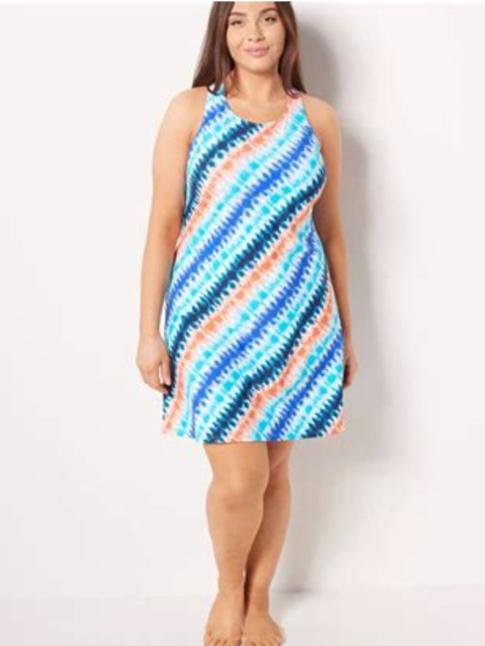 NEW Lands' End Dress Women's 24W Blue Tie Dye Built in Bra Active Beach Resort
